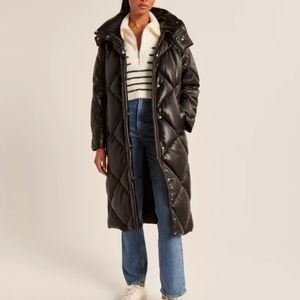 BRAND NEW A&F Ultra Long Vegan Leather Quilted Puffer Black